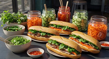 Delicious Banh Mi Sandwiches Vibrant colors illuminate freshly prepared Vietnamese sandwiches and colorful pickled vegetables. AI Generated