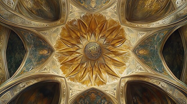 Ornate gold ceiling, mosque interior, intricate detail, background murals, architectural design