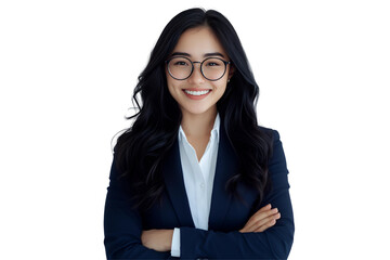 Portrait of a smiling Asian businesswoman with glasses and arms crossed against a transparent background, concept for corporate identity, business profile, and professional branding