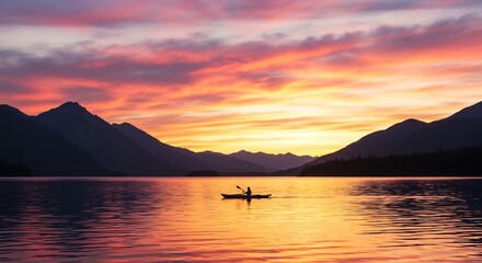 Silhouette kayaks across serene lake at vibrant sunset mountainscape. AI Generated