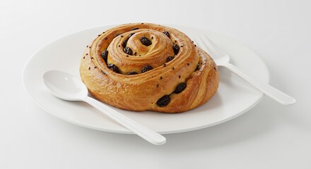 Delicious chocolate swirl pastry rests elegantly on white plate soft light enhances golden brown hues. AI Generated