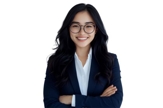 Portrait of a smiling Asian businesswoman with glasses and arms crossed against a transparent background, concept for corporate identity, business profile, and professional branding