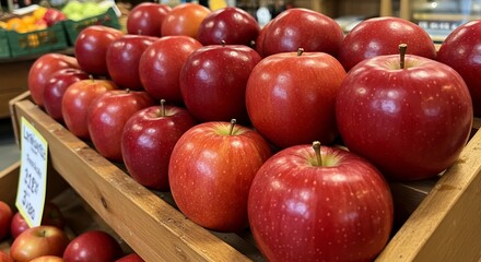 Vibrant red apples gleam softly under warm lighting neatly arranged on rustic wooden display. AI Generated
