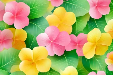 Floral pattern with pink and yellow flowers and green leaves for backgrounds and textiles
