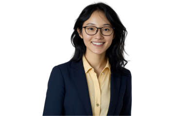 Smiling Asian businesswoman with glasses wearing a navy blue blazer and yellow shirt on transparent background, concept for professional portrait, corporate headshot, and business website