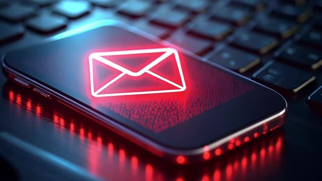 Glowing red envelope icon appearing on smartphone screen with binary code, suggesting cyber security threat and potential phishing or malware attack
