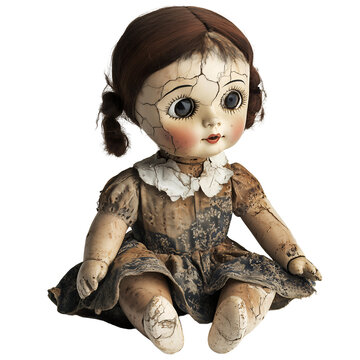 A vintage porcelain doll with cracked paint and a tattered dress on a transparent background, concept for horror movie poster, Halloween decoration, or vintage toy collection