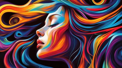 Vibrant Dreams: An enchanting woman with eyes closed, surrounded by a vivid explosion of colorful hair that is artfully intertwined, capturing a sense of inner peace.