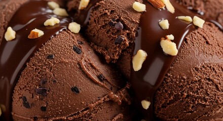 Rich Dark Chocolate Ice Cream Drizzled with Ganache and Almonds. AI Generated