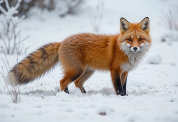 Fototapeta premium Red fox walks through snowy landscape in wintery forest