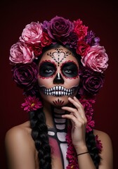 Vibrant Floral Crown Adorns Sugar Skull Makeup Dramatic Portrait. AI Generated
