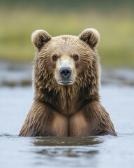 Obraz premium A large brown bear sits in calm water, looking directly at the camera. Its fur is thick and its expression is serious. The background is blurred, showing muted greens and browns.