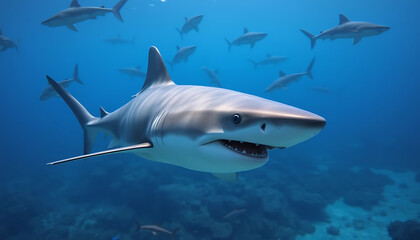 Naklejka premium Magnificent Great White Shark Underwater Scene with a School of Smaller Sharks in the Background