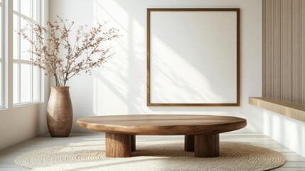 Minimalist living room interior with wooden table and decorations