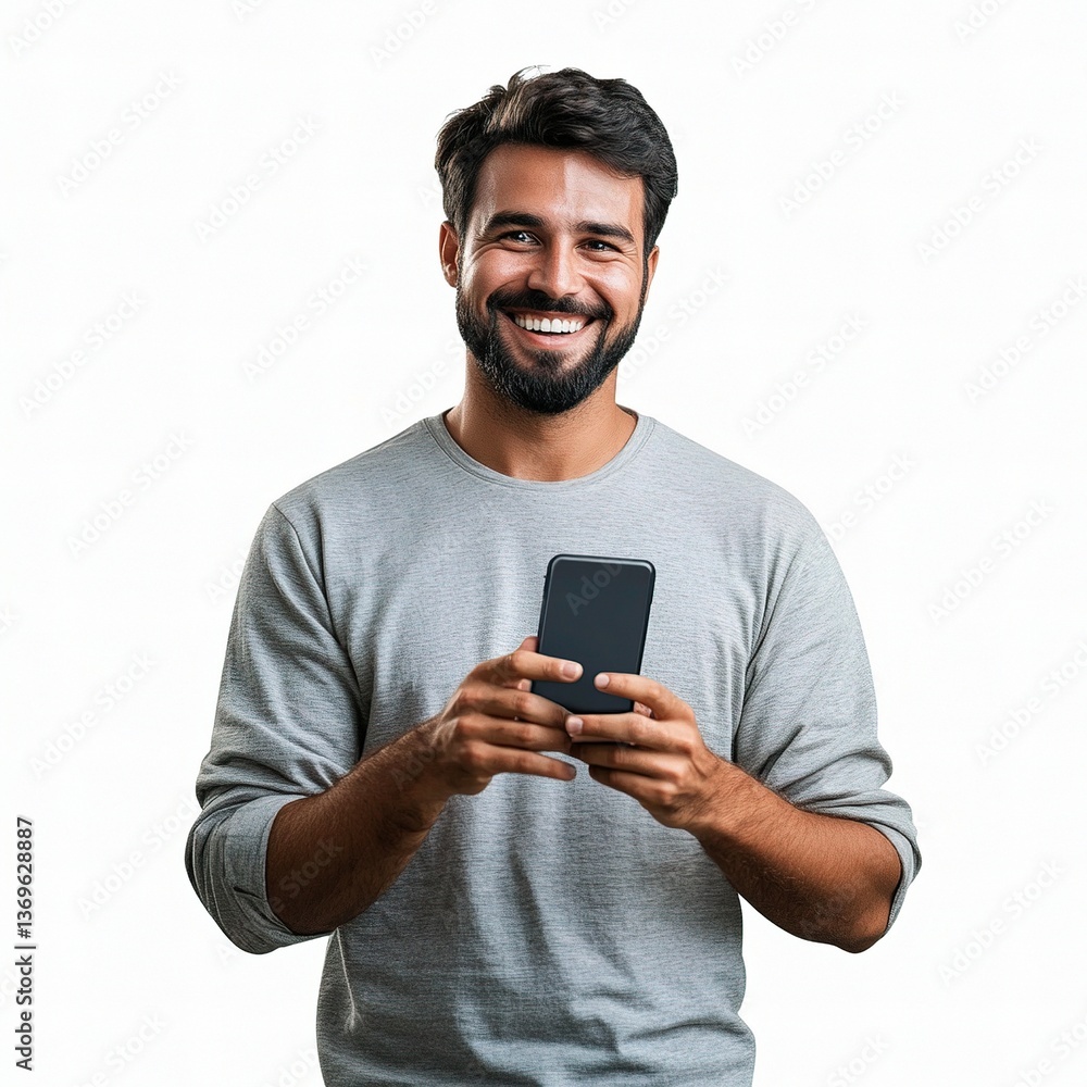 Poster happy man smiling and using mobile phone in isolated setting