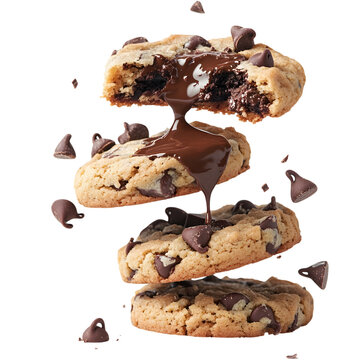Stacked chocolate chip cookies with melted chocolate