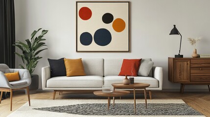 Modern living room interior design with a minimalist aesthetic featuring a beige sofa, wooden coffee tables, a framed abstract art piece, and a gray armchair.