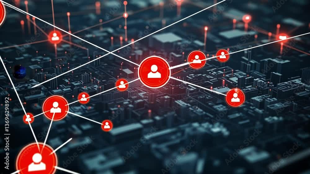 Poster interconnected devices and data streams safeguarding a futuristic cityscape, emphasizing the vital r