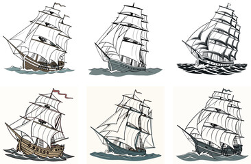 Highly Detailed Vector Illustration of a Traditional Sailing Ship with Billowing Sails and Ocean Waves