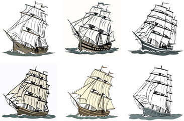 Highly Detailed Vector Illustration of a Traditional Sailing Ship with Billowing Sails and Ocean Waves