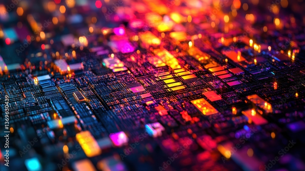 Poster macro shot of illuminated colorful circuit board with bokeh lights behind. ideal for technology, dat