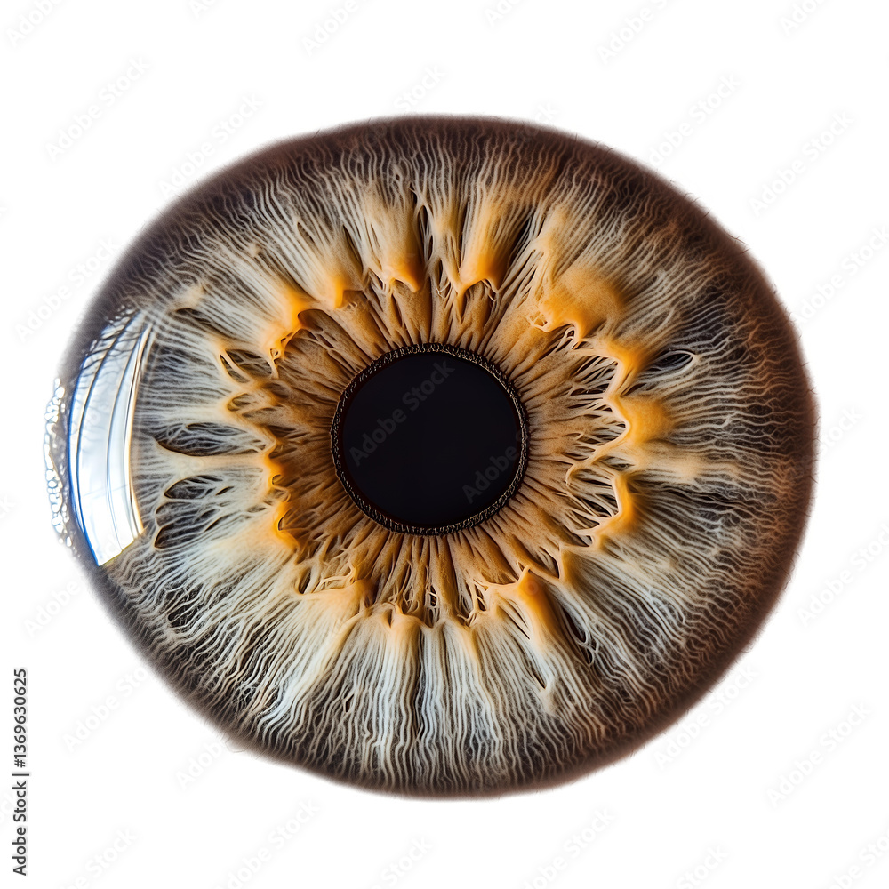 Poster close-up detailed macro shot of a human iris with intricate patterns and textures on a transparent b