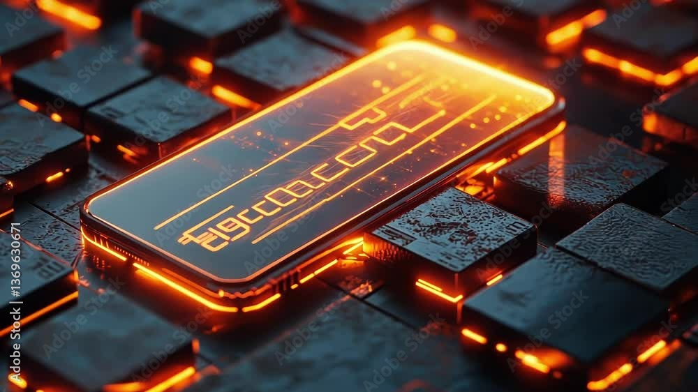 Poster a detailed closeup reveals a smartphone backed by a sy formation of luminous bricks that construct a
