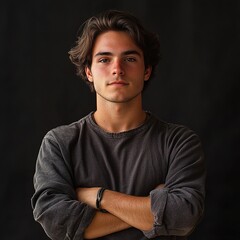 Fototapeta premium Confident Young Man Posing with Crossed Arms Against Dark Background