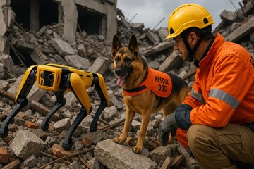 Trained Rescue Dogs Saving Lives After Earthquake. A rescue worker interacts with a robotic dog and a German shepherd in a disaster site.
