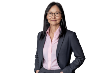 Portrait of a confident Asian businesswoman wearing glasses and a gray blazer against a transparent background, concept for business profile picture, corporate website, and leadership imagery