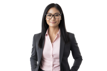 Portrait of a smiling Asian businesswoman wearing glasses and a suit against a transparent background, concept for corporate branding, business profile, and professional headshot