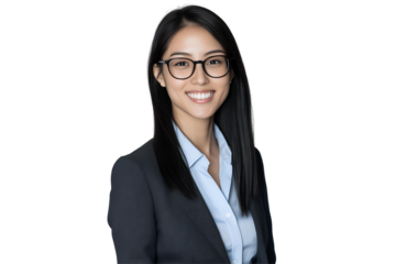 Smiling Asian businesswoman with long black hair wearing glasses against transparent background, concept for corporate profile, business portrait, and professional headshot