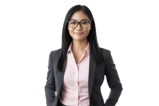 Portrait of a smiling Asian businesswoman wearing glasses and a suit against a transparent background, concept for corporate branding, business profile, and professional headshot - Powered by Adobe