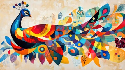 Obraz premium Colorful Peacock Geometric Art; nature, design, background