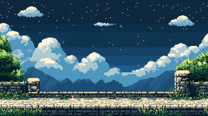 Tranquil Pixel Art Landscape at Night with Cloudy Sky and Starry Background Featuring Stone Wall and Distant Mountains