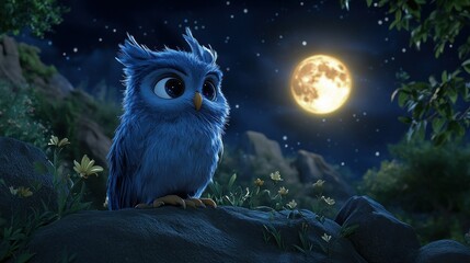 Cute owl moonlit night forest animation