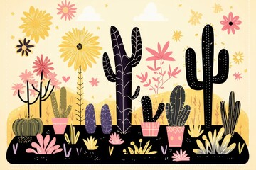 Obraz premium Whimsical Cactus and Flower Illustration in Pastel Colors