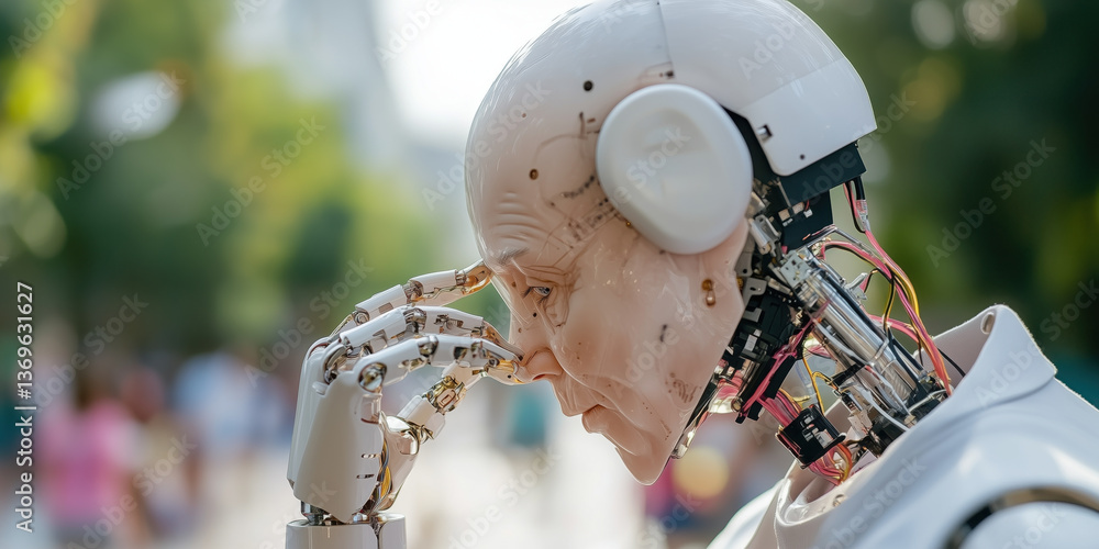 Poster humanoid robot with thoughtful expression, showcasing advanced ai and intricate design
