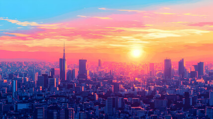 Vibrant Cityscape at Sunset Featuring Silhouetted Skyline with Warm Orange and Pink Hues Over Urban Buildings and Architecture