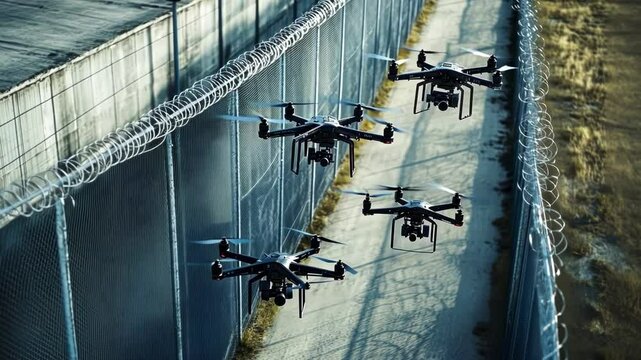 Four drones equipped with cameras are patrolling a prison perimeter, flying along a high fence topped with razor wire, ensuring comprehensive security and surveillance of the correctional facility