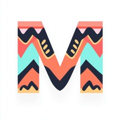 Colorful Tribal Pattern Letter M - Hand Drawn Alphabet Design Element