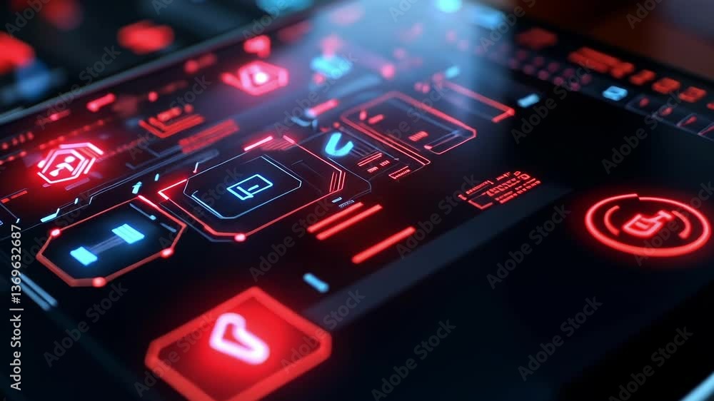 Poster futuristic cyber security system actively protecting sensitive user data on an advanced device, feat