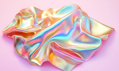 Fototapeta premium Iridescent holographic cloth draped on pink, abstract background, ideal for luxury product showcase