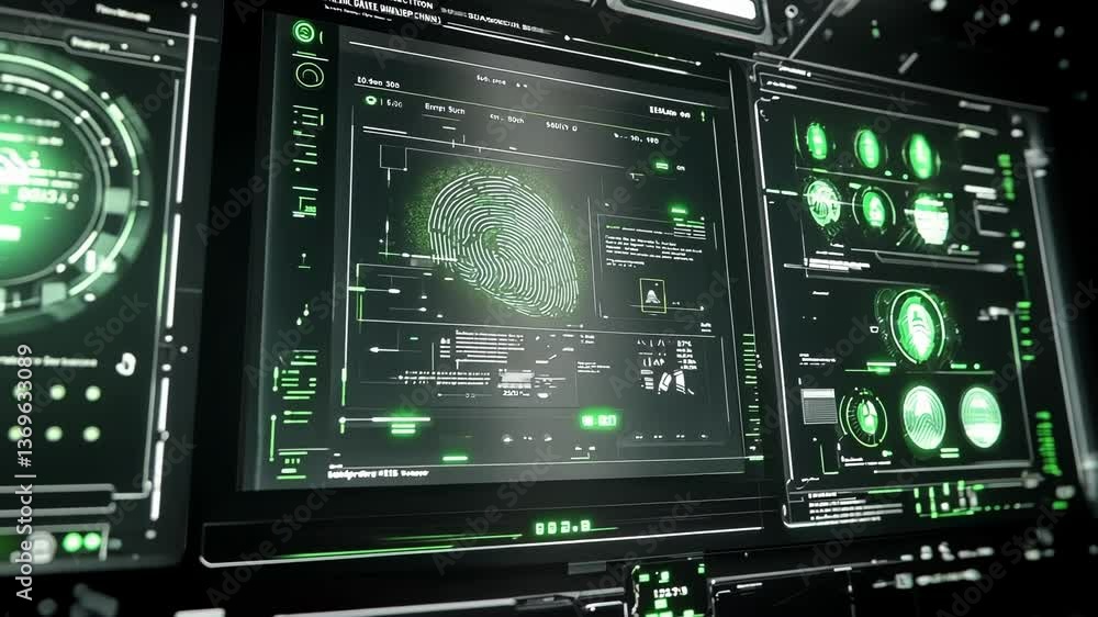 Poster futuristic glowing green head up display showcasing biometric fingerprint data and facial recognitio