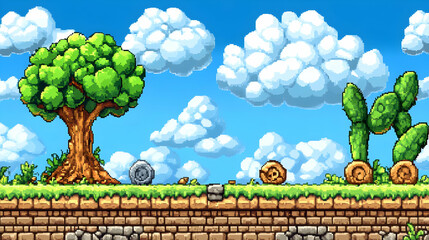 Vibrant Pixel Art Game Background Featuring a Lush Green Landscape with Trees and Stone Platforms Under a Bright Blue Cloudy Sky