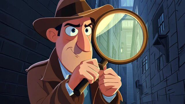 Animated Detective Character Investigating a Case with Magnifying Glass in Urban Setting