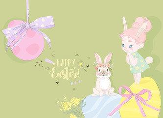 Happy Easter Greeting Card with Cute Girl, Bunny and Easter Eggs