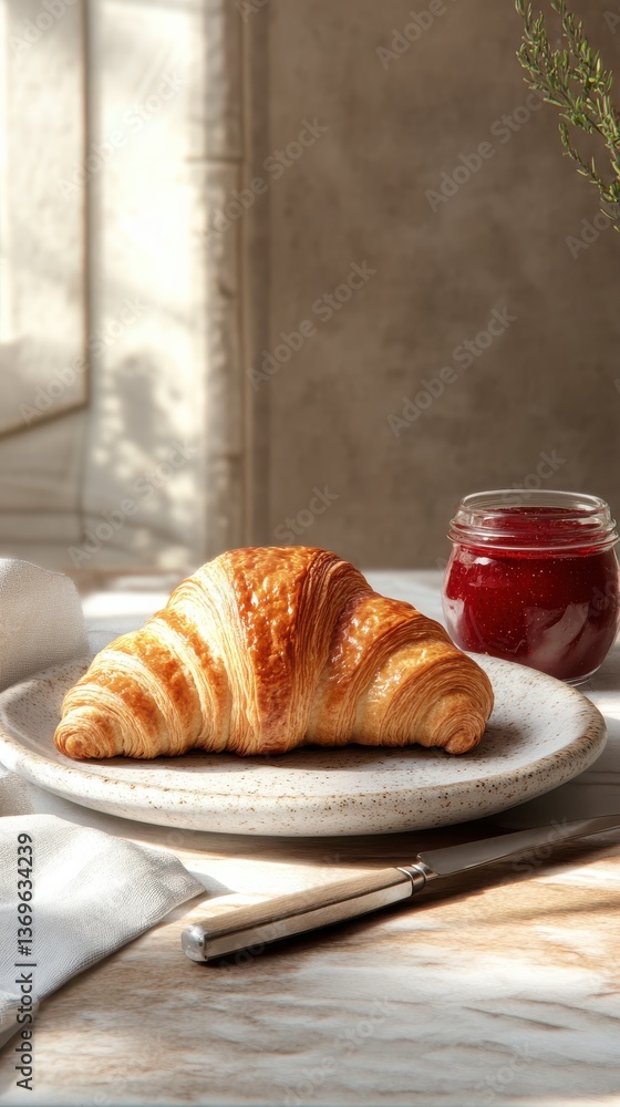 Poster freshly baked croissant on a rustic plate beside a jar of raspberry jam in a warm, sunlight-filled k