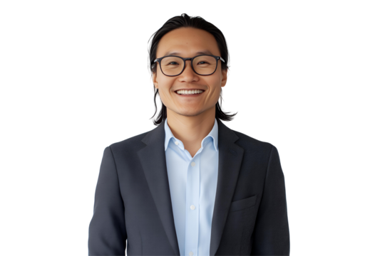 Smiling Asian man in glasses and suit jacket on transparent background, concept for business portrait, corporate profile, and professional headshot