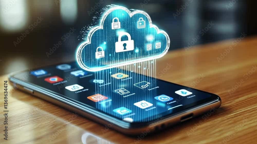 Poster hologram of cloud computing with security icons is being projected from smartphone laying on wooden 